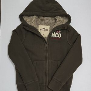 Hollister Olive Brown Zipper Hoodie Sweater Sherpa Lining - Men Size M - NWOT